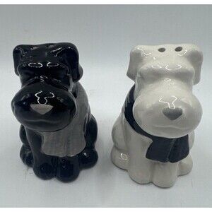 Vintage Ceramic Dog Salt And Pepper Shaker White Black Scarf